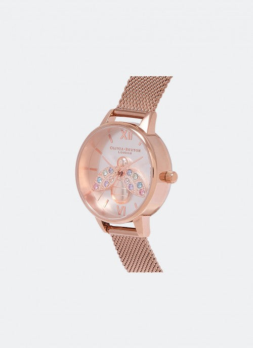 Rainbow 3D Bee Midi Silver Sunray Dial and Rose Gold Mesh - OB16RB28 30MM