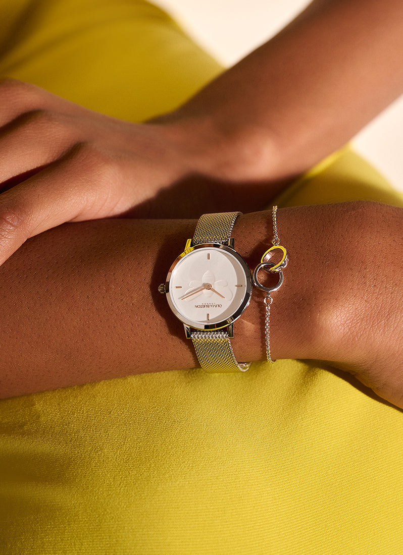 Bee Ultra Slim Metallic White & Silver Mesh Watch 28mm - 24000021