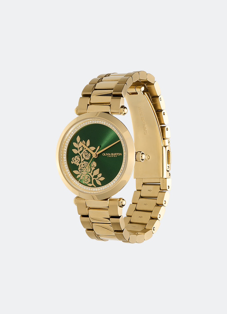 Floral T-Bar Green & Gold Bracelet Watch 34mm - 24000043