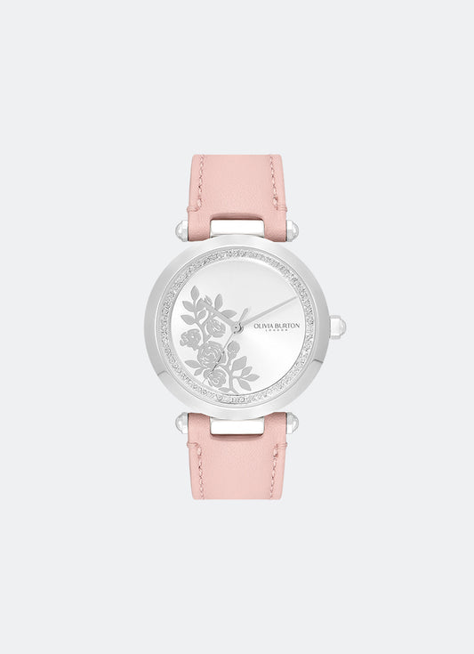 Floral T-Bar Rose & Silver Leather Strap Watch 34mm - 24000046