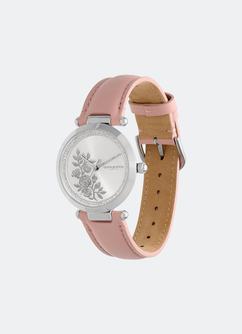 Floral T-Bar Rose & Silver Leather Strap Watch 34mm - 24000046