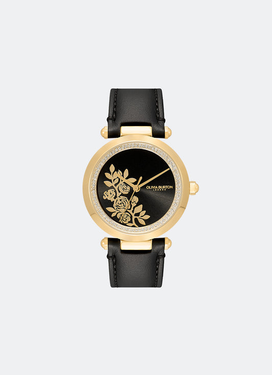 Floral T-Bar Black & Gold Leather Strap Watch 34mm - 24000064