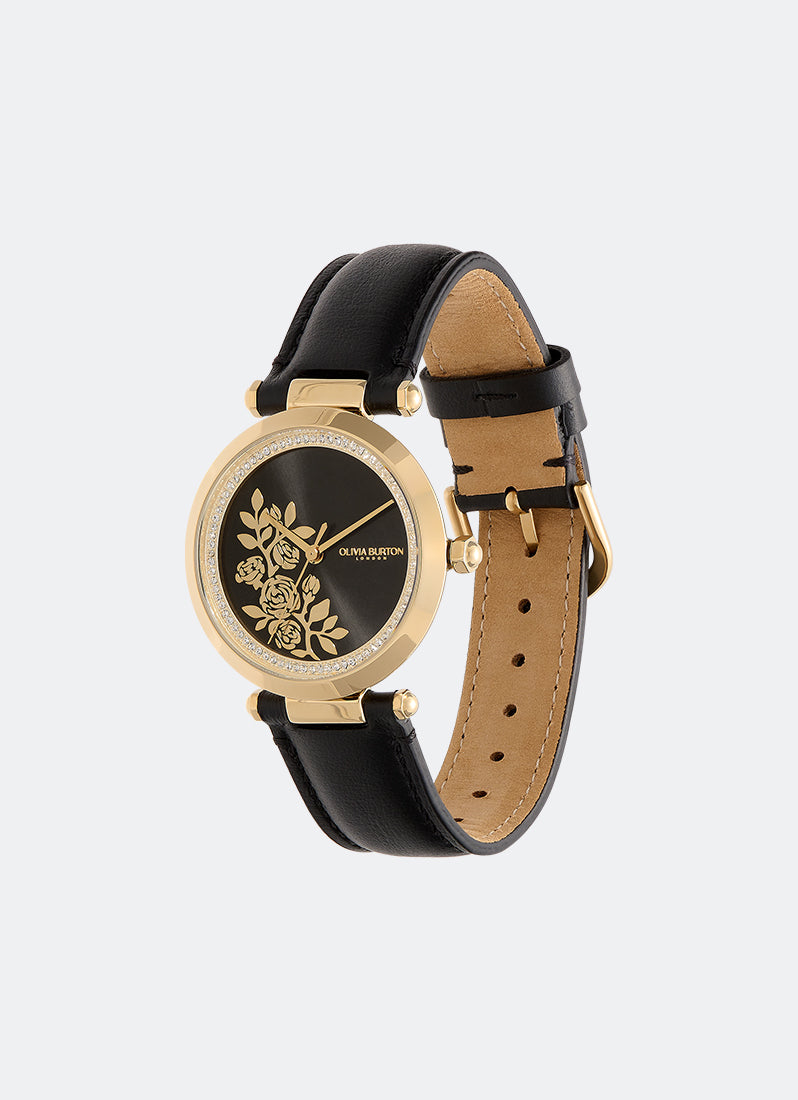 Floral T-Bar Black & Gold Leather Strap Watch 34mm - 24000064