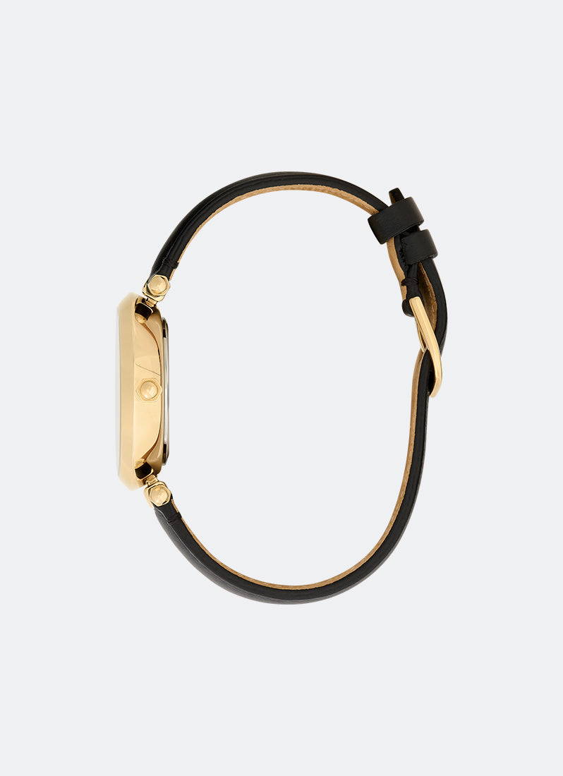Floral T-Bar Black & Gold Leather Strap Watch 34mm - 24000064