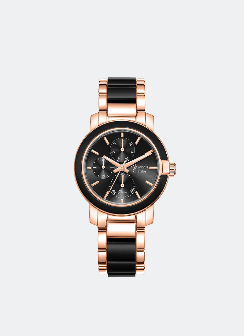 Alexandre Christie Passion Boyfriend Multifunction Band Rose Gold Black Dial 36mm - AC2993BFBRGBA