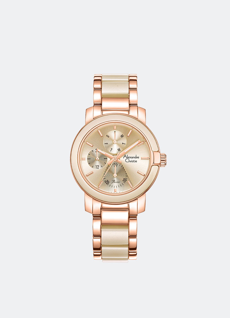 Alexandre Christie Passion Boyfriend Multifunction Band Rose Gold Rose Gold Dial 36mm - AC2993BFBRGLN