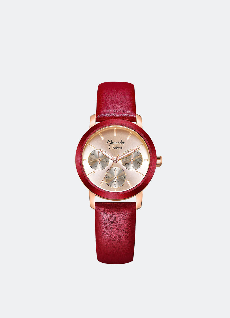 Alexandre Christie Passion Boyfriend Multifunction Leather Rose Gold Rose Gold Dial Red 32mm - AC2A25BFLRGLNRE
