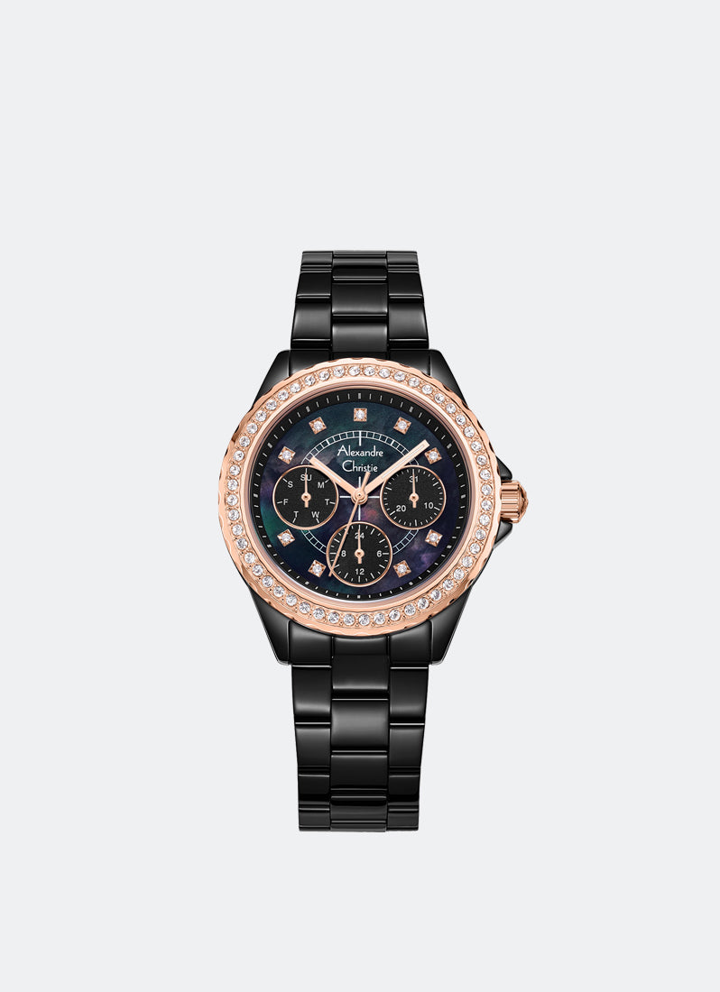 Alexandre Christie Passion Boyfriend Multifunction Band Black Rose Gold Mother of Pearl Black Dial 34mm AC2A30BFBBRMA