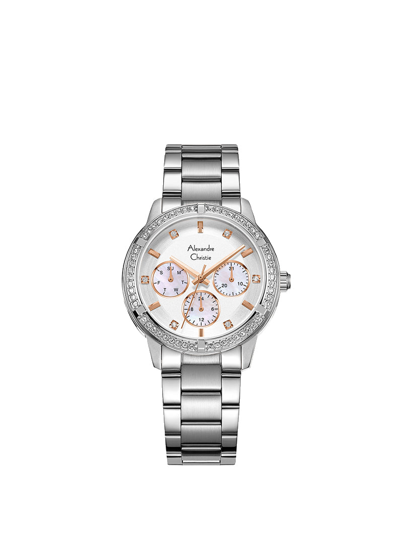 Alexandre Christie Passion Boyfriend Multifunction Band Steel Silver Dial Rose Gold 36mm - AC2A45BFBSSSLRG