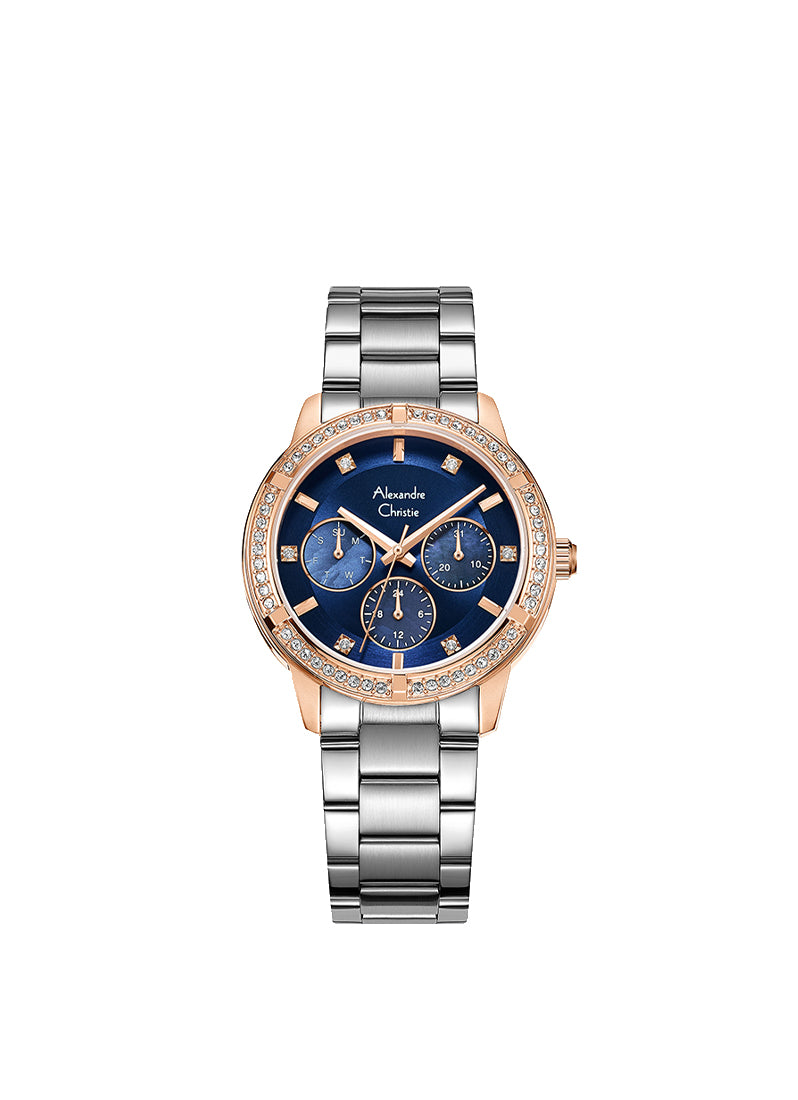 Alexandre Christie Passion Boyfriend Multifunction Band Two-Tone Rose Gold Blue Dial 36mm - AC2A45BFBTRBU