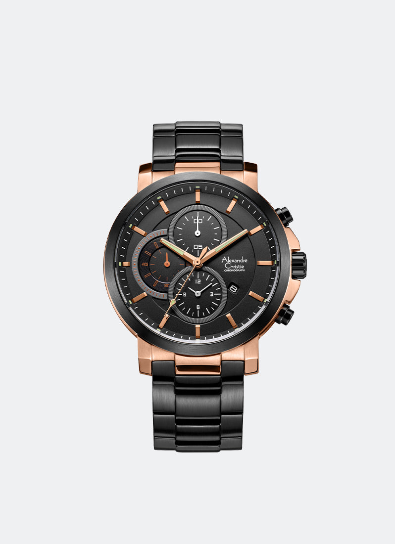 Alexandre Christie Sport Chrono Men Chrono Band Black Rose Gold Black Dial 45mm - AC6350MCBBRBA