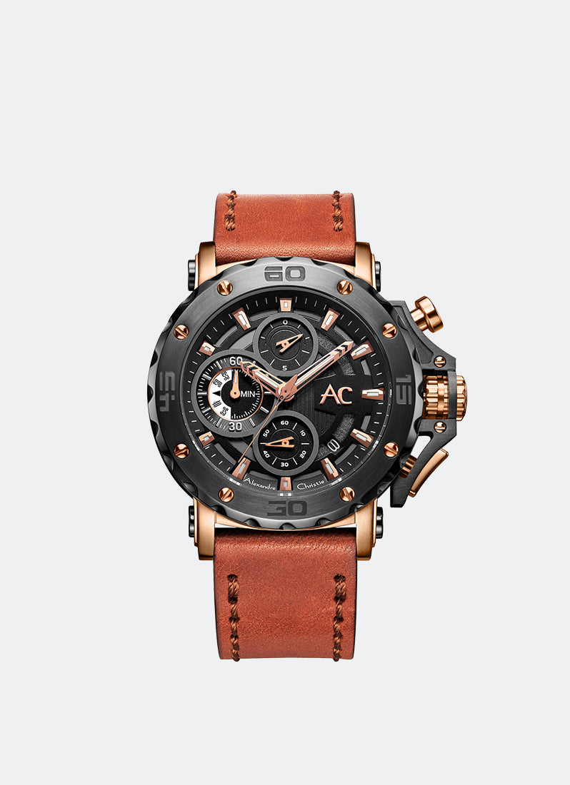 Alexandre Christie Collection Men Chrono Leather Black Rose Gold Black Dial  47mm - AC9205MCLBRBA