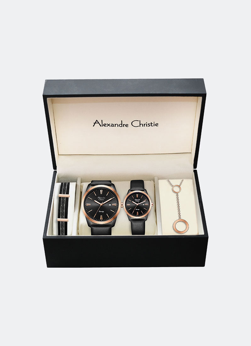 Alexandre Christie Pair Couple Date Leather Black Black Dial Rose Gold 42mm/36mm - AC8668MLDLIPBARG
