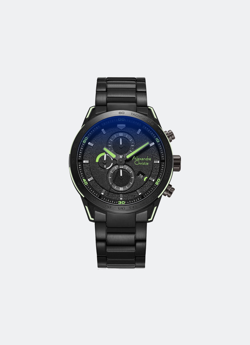 Jam Tangan Alexandre Christie Sport Chrono Male Chrono Band Black Black Dial Lime 44mm AC6647MCBIPBALE
