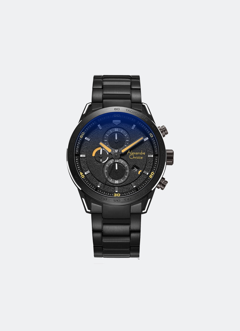 Jam Tangan Alexandre Christie Sport Chrono Male Chrono Band Black Black Dial Orange 44mm - AC6647MCBIPBAOR