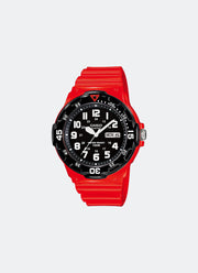 Jam Tangan Casio Analog Black Dial Red Resin Strap 44.6mm Men MRW-200HC-4BVDF