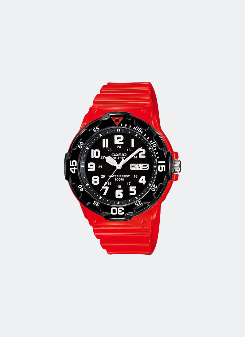 Jam Tangan Casio Analog Black Dial Red Resin Strap 44.6mm Men MRW-200HC-4BVDF