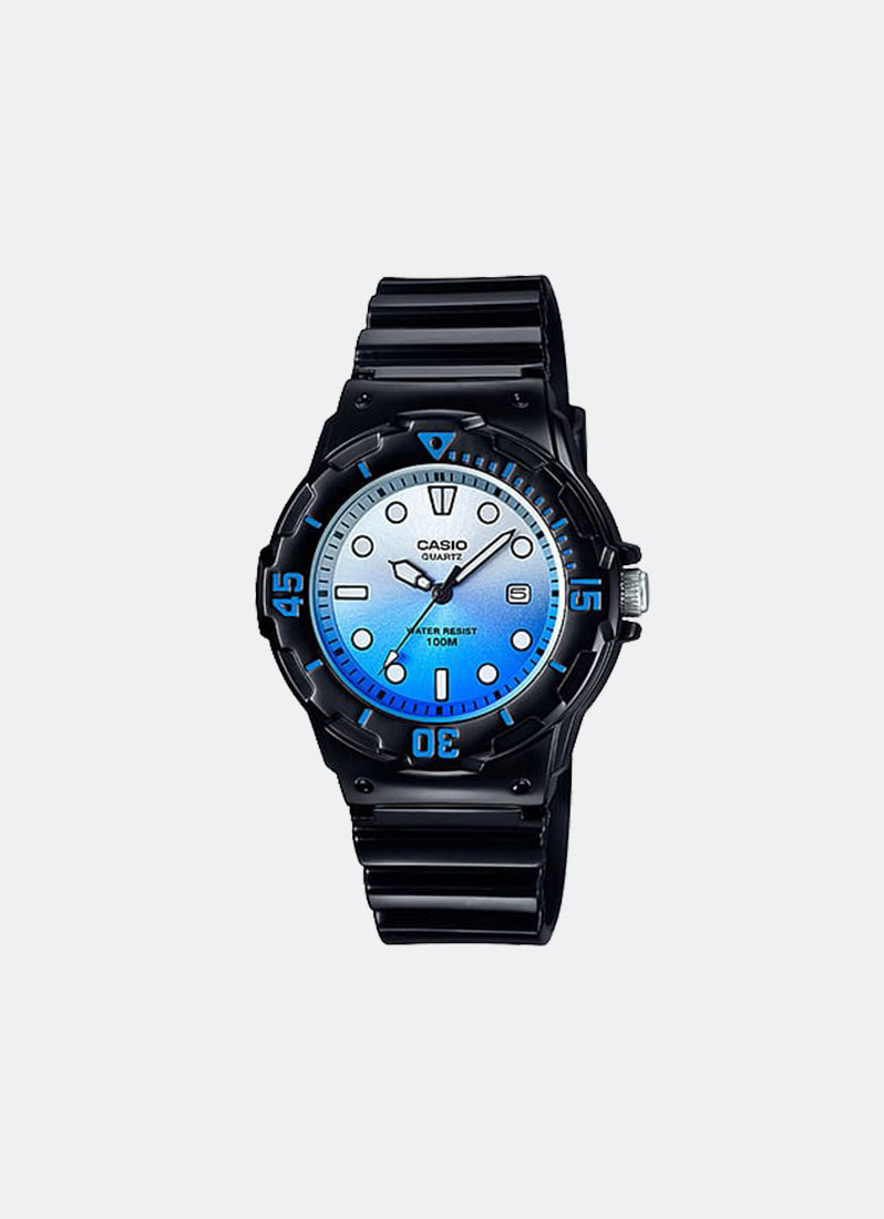 Casio Analog Blue & White Dial Black Resin Strap 34.2mm Women LRW-200H- 2EVDR