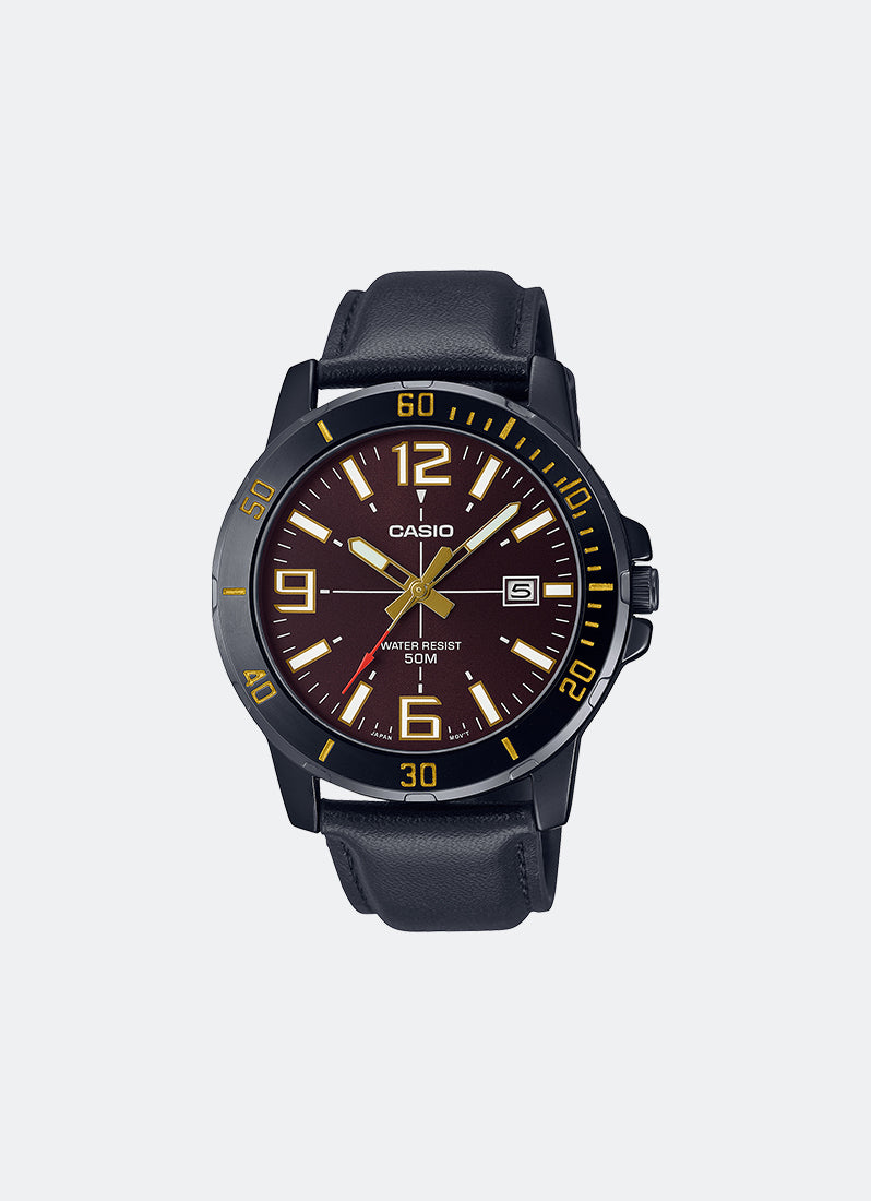 Jam Tangan Casio Analog Brown Dial Black Leather Strap 45mm Men MTP-VD01BL-5BVUDF