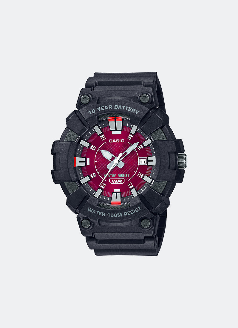 Jam Tangan Casio Analog Red Dial Black Resin Strap 49mm Men MW-610H-4AVDF