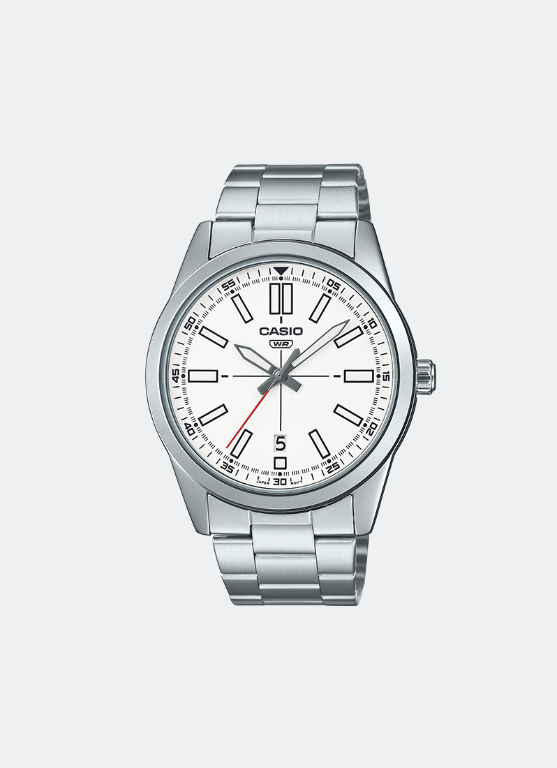 Jam Tangan Casio Analog White Dial Silver Stainless Steel Strap 41mm Men MTP-VD02D- 7EUDF