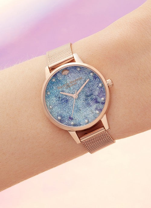 Jam Tangan Olivia Burton Deep Sea Midi Dial Faux Pearl Markers Rose Gold Mesh - OB16US44