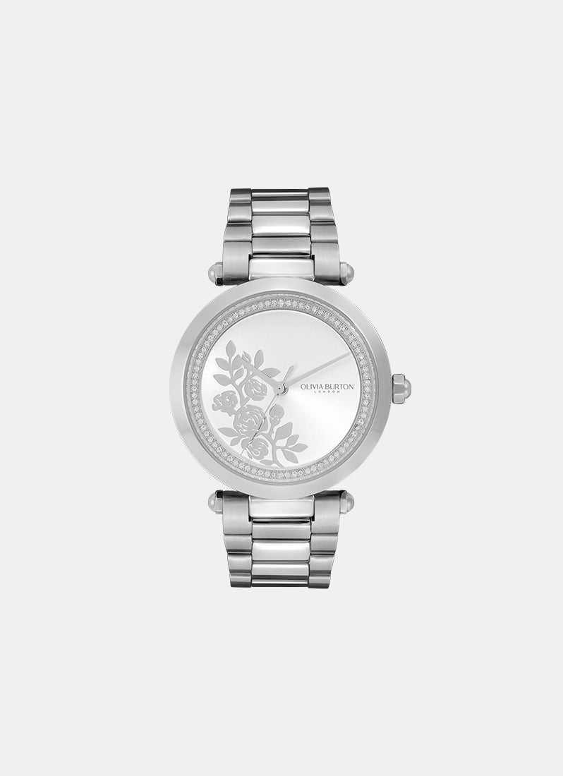 Jam Tangan Olivia Burton Floral T-Bar White & Silver Bracelet Watch 34mm - 24000042