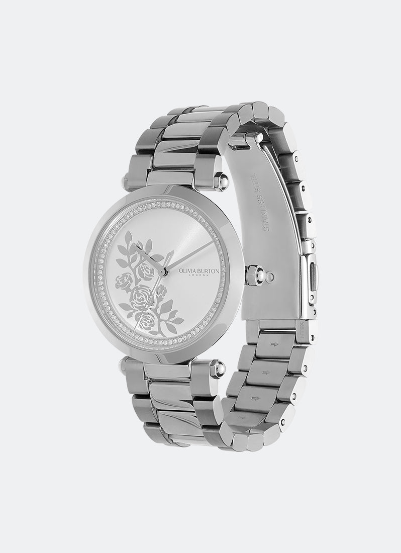 Jam Tangan Olivia Burton Floral T-Bar White & Silver Bracelet Watch 34mm - 24000042