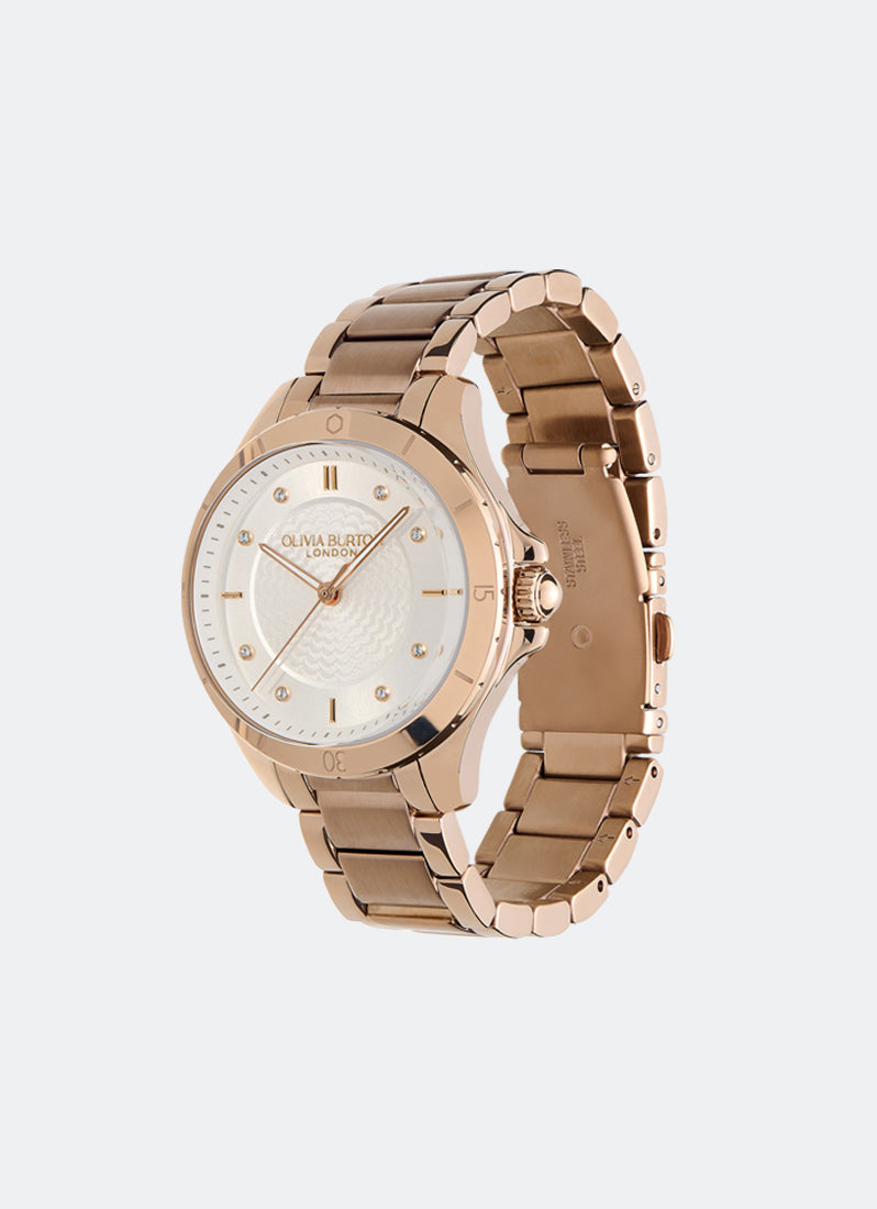 Jam Tangan Olivia Burton Guilloche Metallic White & Carnation Gold Bracelet Watch 36mm - 24000041