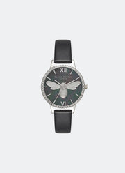Jam Tangan Olivia Burton Lucky Bee Midi Sparkle, Mother of Pearl Black Dial and Silver 30mm - OB16BB13