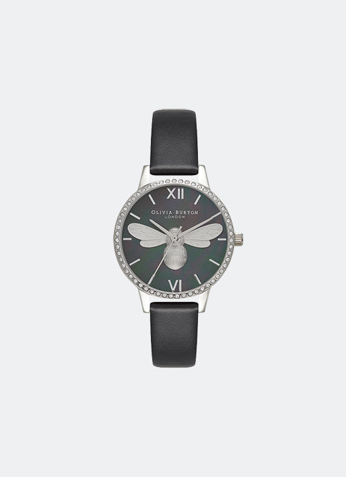 Jam Tangan Olivia Burton Lucky Bee Midi Sparkle, Mother of Pearl Black Dial and Silver 30mm - OB16BB13