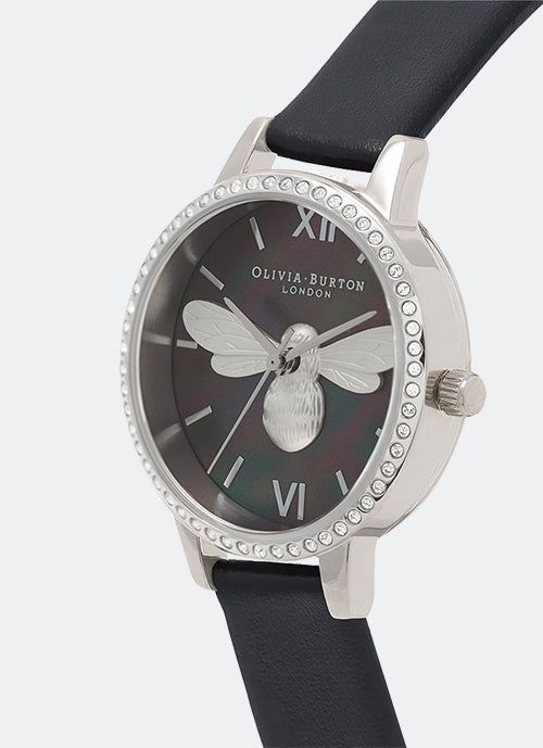 Jam Tangan Olivia Burton Lucky Bee Midi Sparkle, Mother of Pearl Black Dial and Silver 30mm - OB16BB13