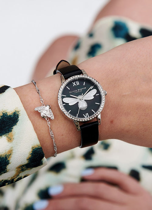 Jam Tangan Olivia Burton Lucky Bee Midi Sparkle, Mother of Pearl Black Dial and Silver 30mm - OB16BB13