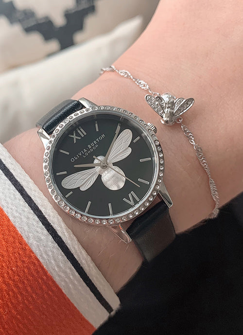 Jam Tangan Olivia Burton Lucky Bee Midi Sparkle, Mother of Pearl Black Dial and Silver 30mm - OB16BB13