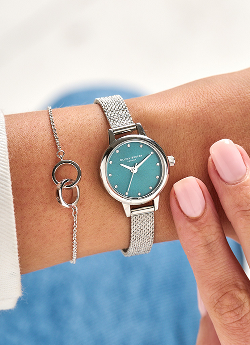 Jam Tangan Olivia Burton Mini Dial Teal Sunray Silver Boucle Mesh 23mm - OB16MN13