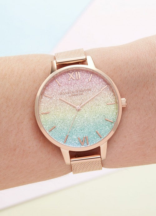 Jam Tangan Olivia Burton Rainbow Glitter Dial & Rose Gold Mesh 34mm - OB16RB18