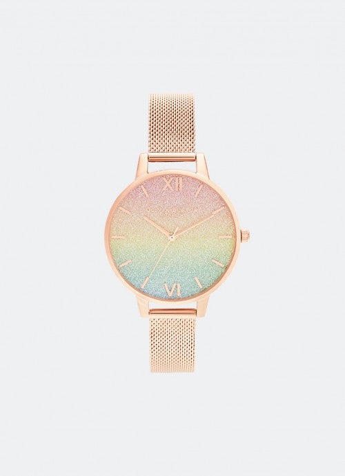Jam Tangan Olivia Burton Rainbow Glitter Dial & Rose Gold Mesh 34mm - OB16RB18