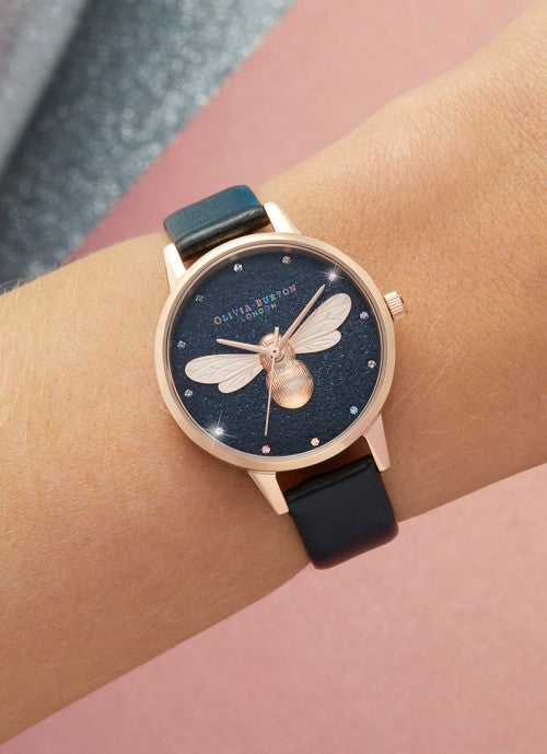Jam Tangan Olivia Burton Rainbow Lucky Bee Midi Dial Vegan Black & Rose Gold - OB16FB13