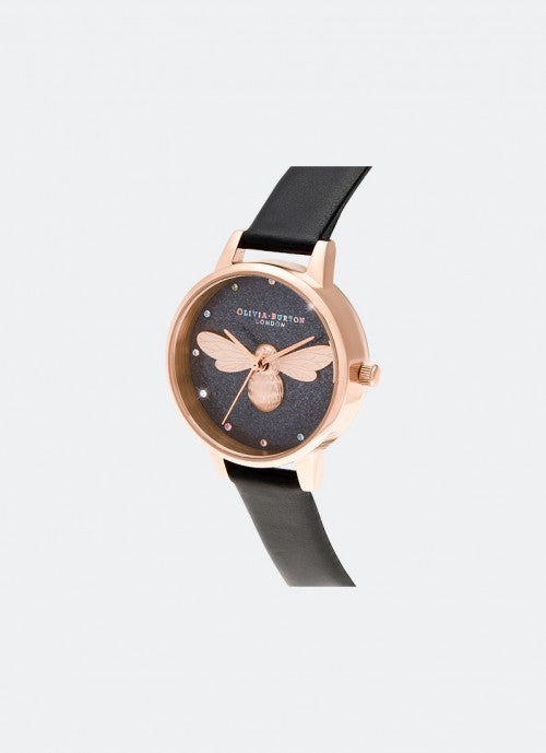 Jam Tangan Olivia Burton Rainbow Lucky Bee Midi Dial Vegan Black & Rose Gold - OB16FB13