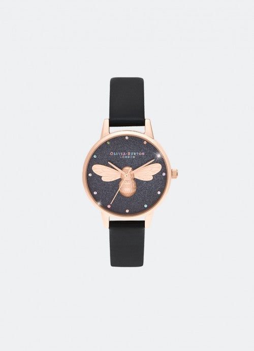 Jam Tangan Olivia Burton Rainbow Lucky Bee Midi Dial Vegan Black & Rose Gold - OB16FB13