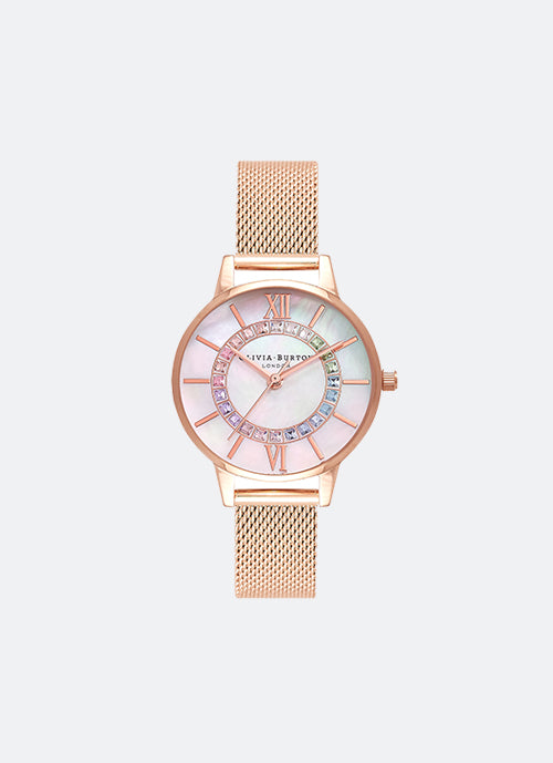 Jam Tangan Olivia Burton Rainbow Sparkle Wonderland Rose Gold Mesh Watch - OB16WD95
