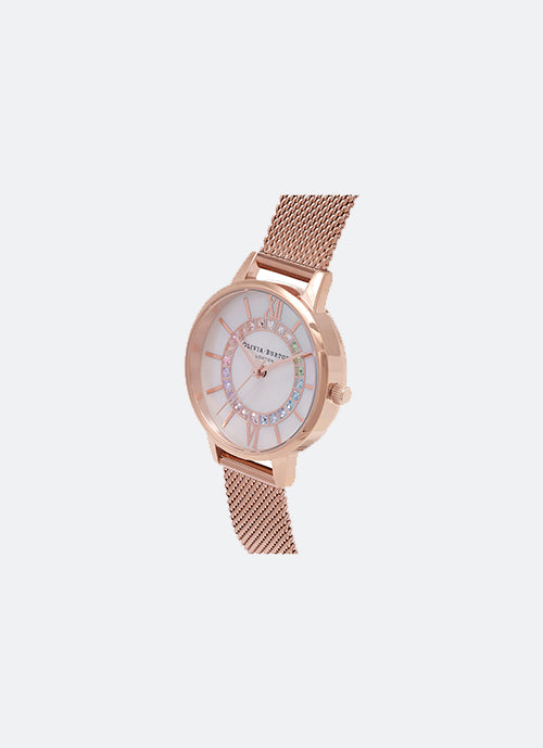 Jam Tangan Olivia Burton Rainbow Sparkle Wonderland Rose Gold Mesh Watch - OB16WD95