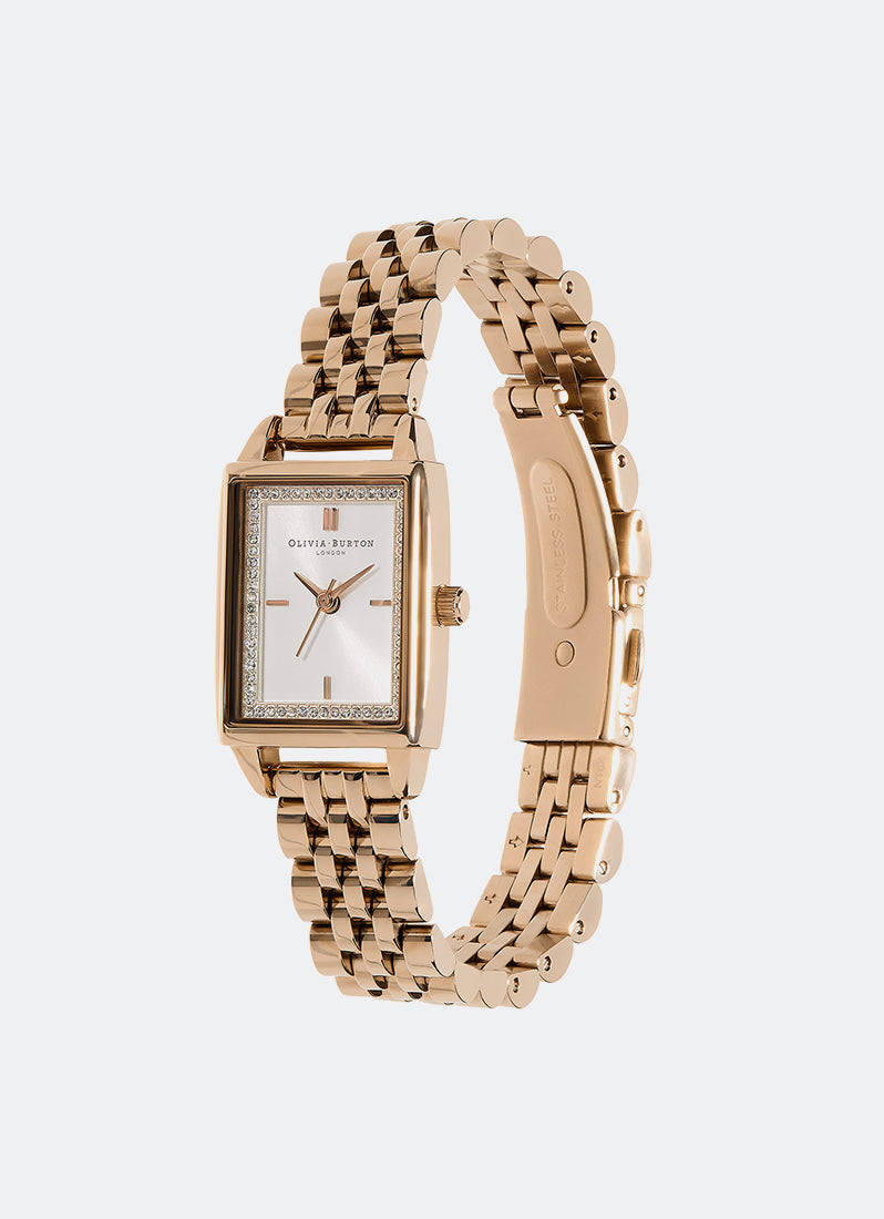 Jam Tangan Olivia Burton Rectangle White & Carnation Gold Bracelet Watch 21mm - 24000014