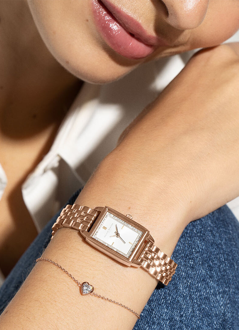 Jam Tangan Olivia Burton Rectangle White & Carnation Gold Bracelet Watch 21mm - 24000014