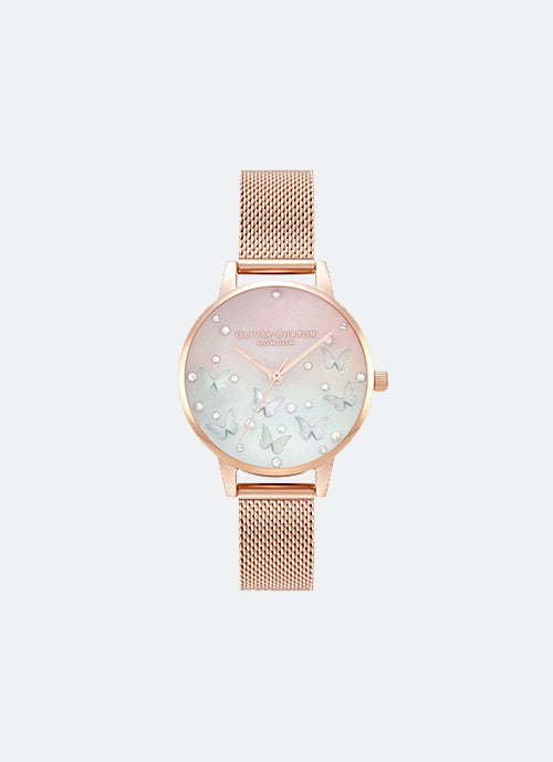 Jam Tangan Olivia Burton Sparkle Butterfly Midi Blush Dial, White Blue Mother of Pearl Butterflies and Rose Gold Mesh 30mm - OB16MB38
