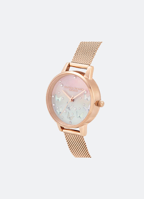 Jam Tangan Olivia Burton Sparkle Butterfly Midi Blush Dial, White Blue Mother of Pearl Butterflies and Rose Gold Mesh 30mm - OB16MB38