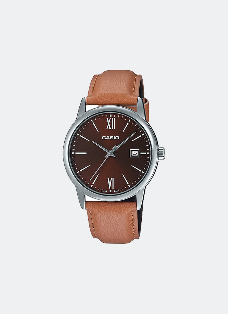 Casio Analog Red Dial Nude Leather Strap 37mm Men MTP-V002L-5B3UDF
