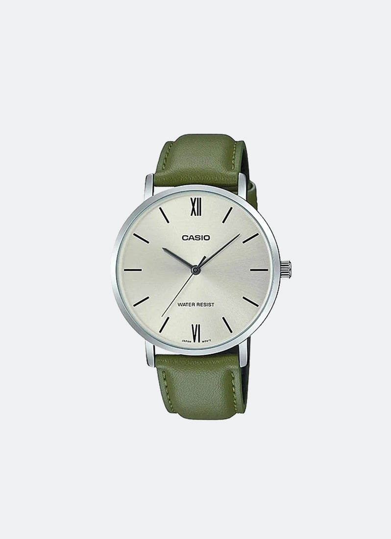 Casio Analog Silver Dial Green Leather Strap 40mm Men MTP-VT01L-3BUDF