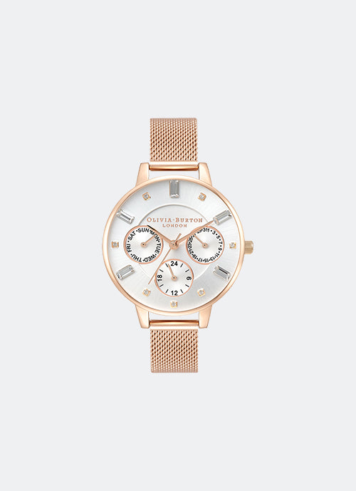 Multifunction Demi Silver Sunray Dial with Sparkle Markers and Rose Gold Mesh - OB16CG99