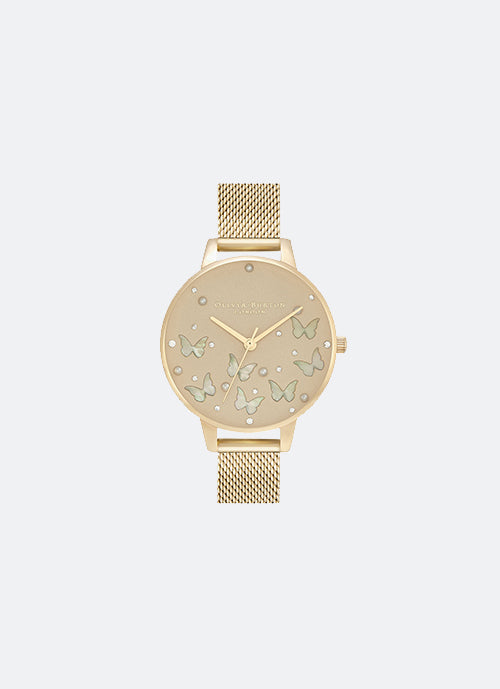 Sparkle Butterfly Demi Grey Dial, White Mother of Pearl Butterflies and Gold Mesh 34mm - OB16MB37